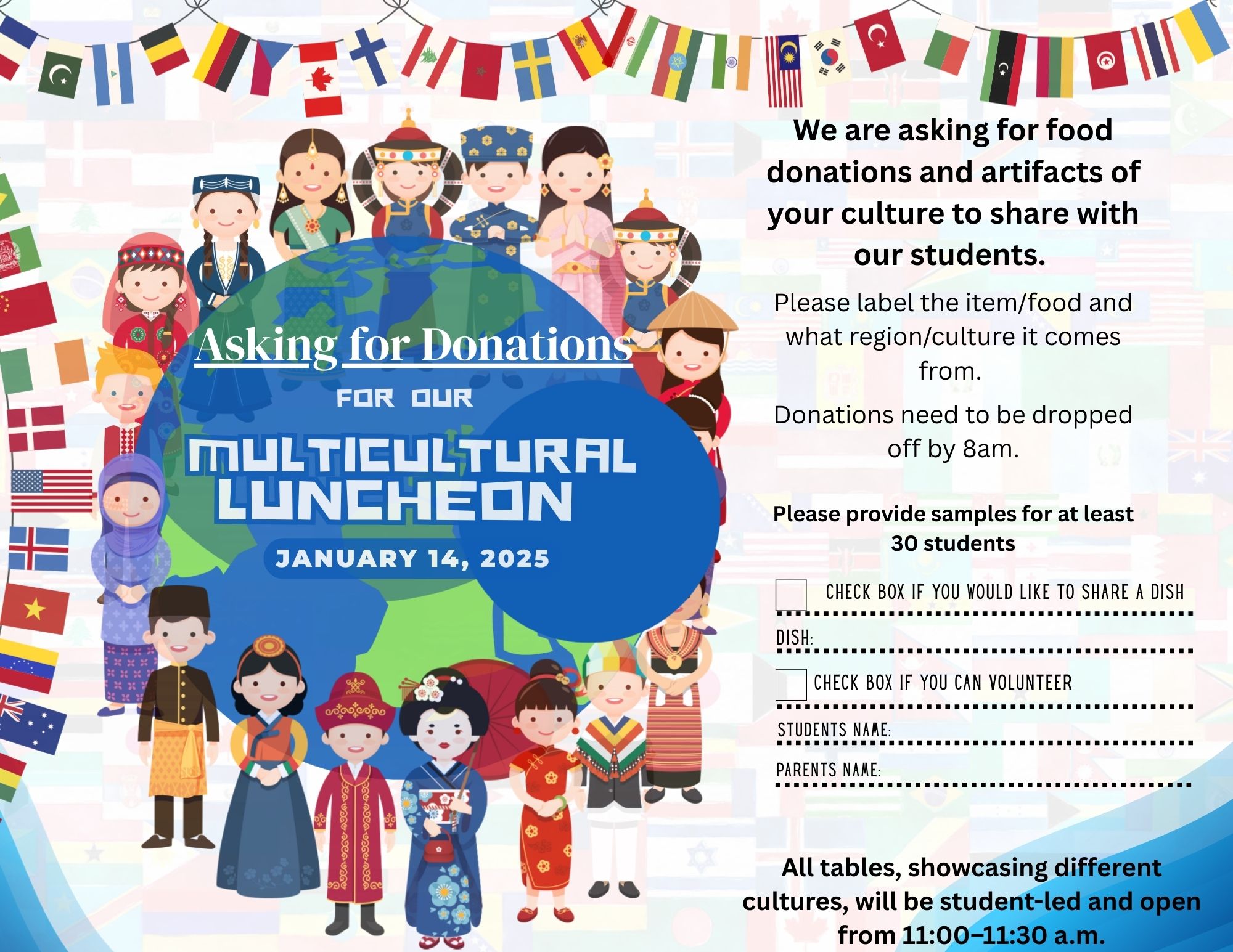 A colorful flyer announces a multicultural luncheon, featuring diverse cultural attire.