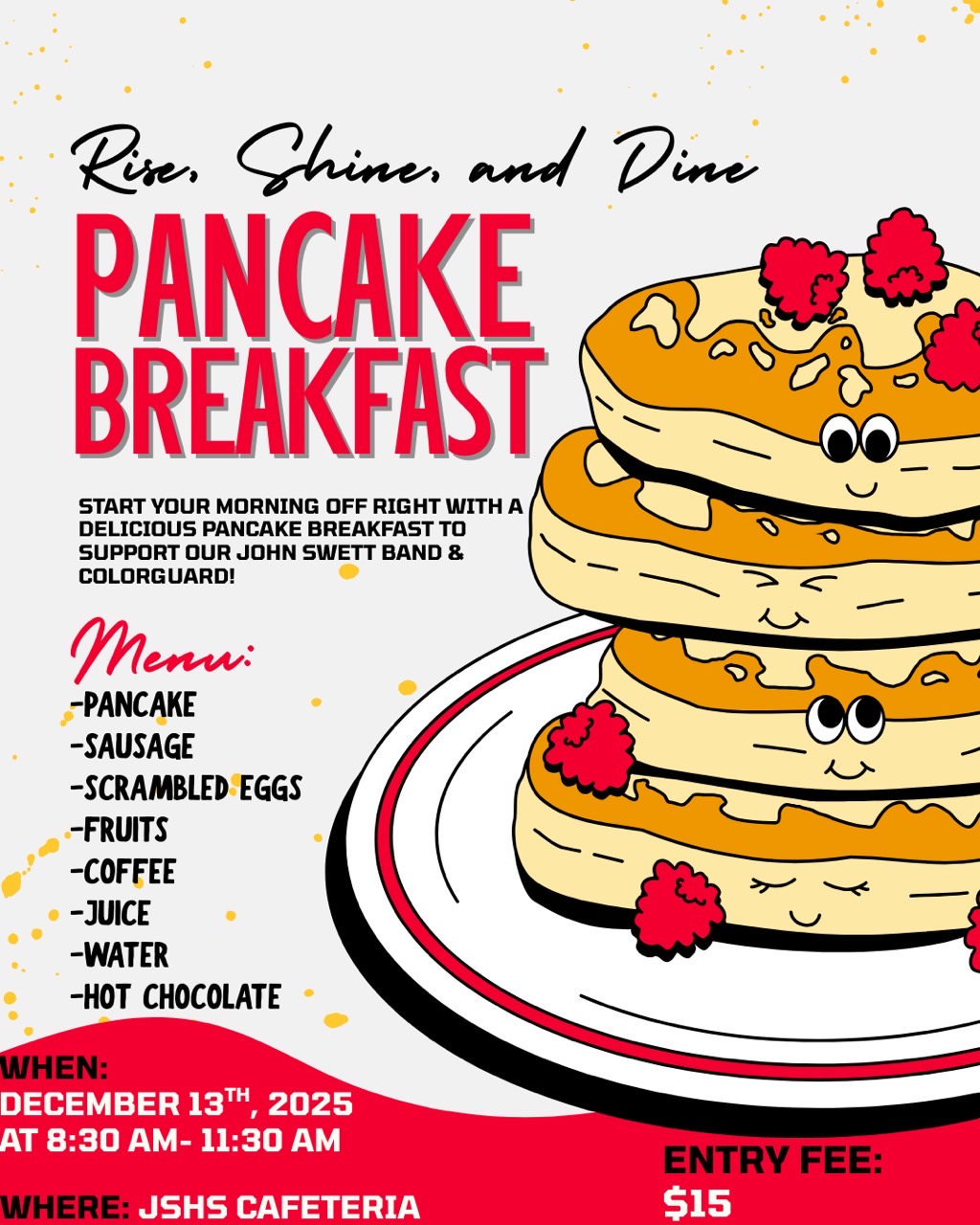 A colorful poster advertises a pancake breakfast with a stack of pancakes and raspberries.
