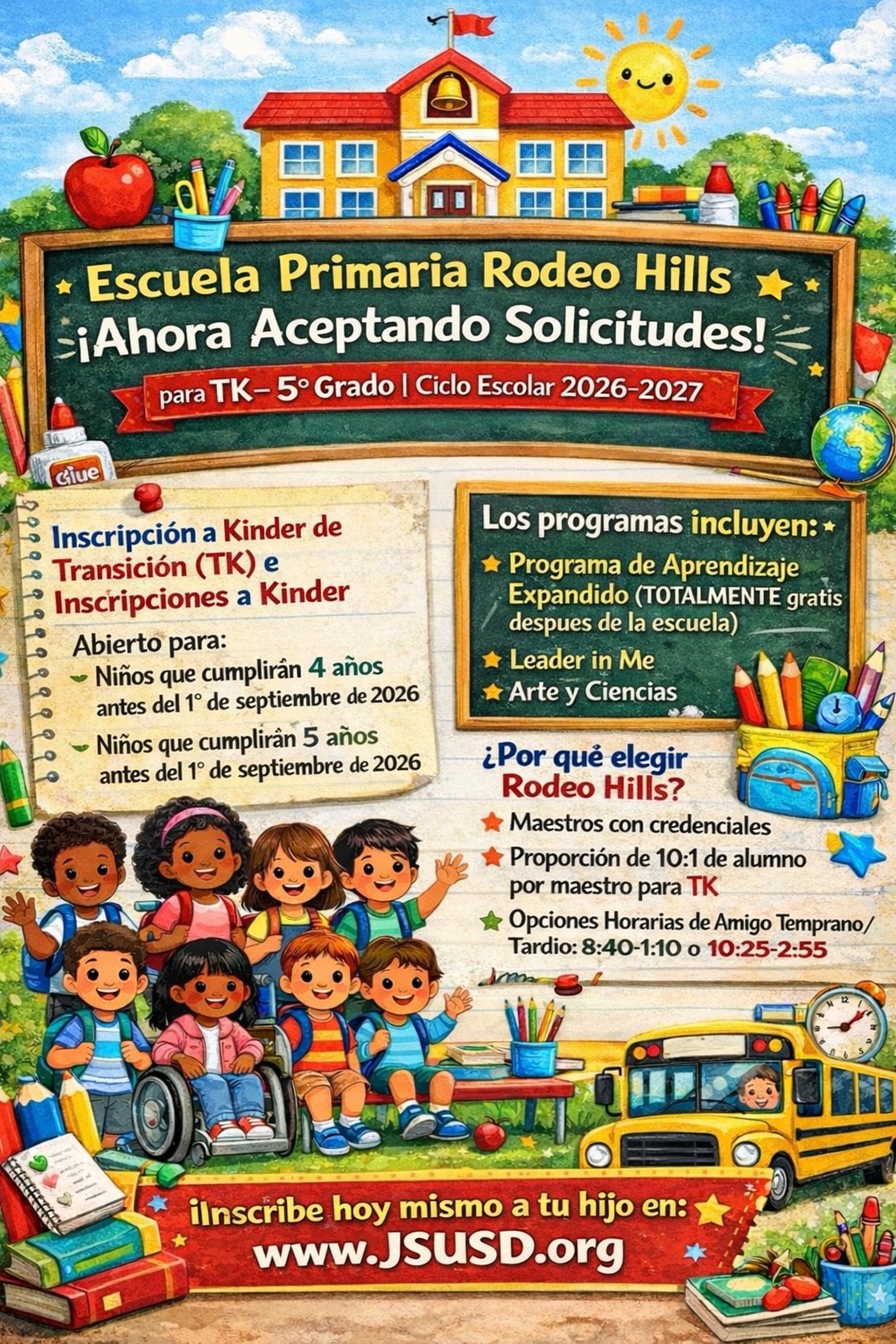 A colorful school advertisement in Spanish, featuring children and a school building.