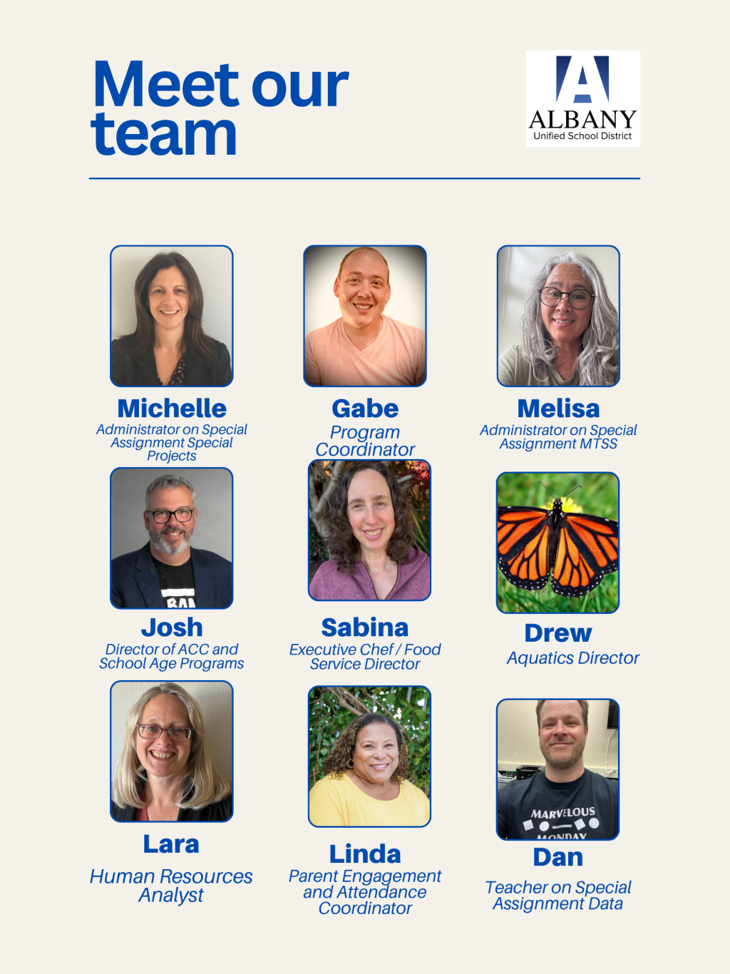 Meet our team: Michelle, Gabe, Melissa, Josh, Sabina, Drew, Lara, Linda, and Dan.