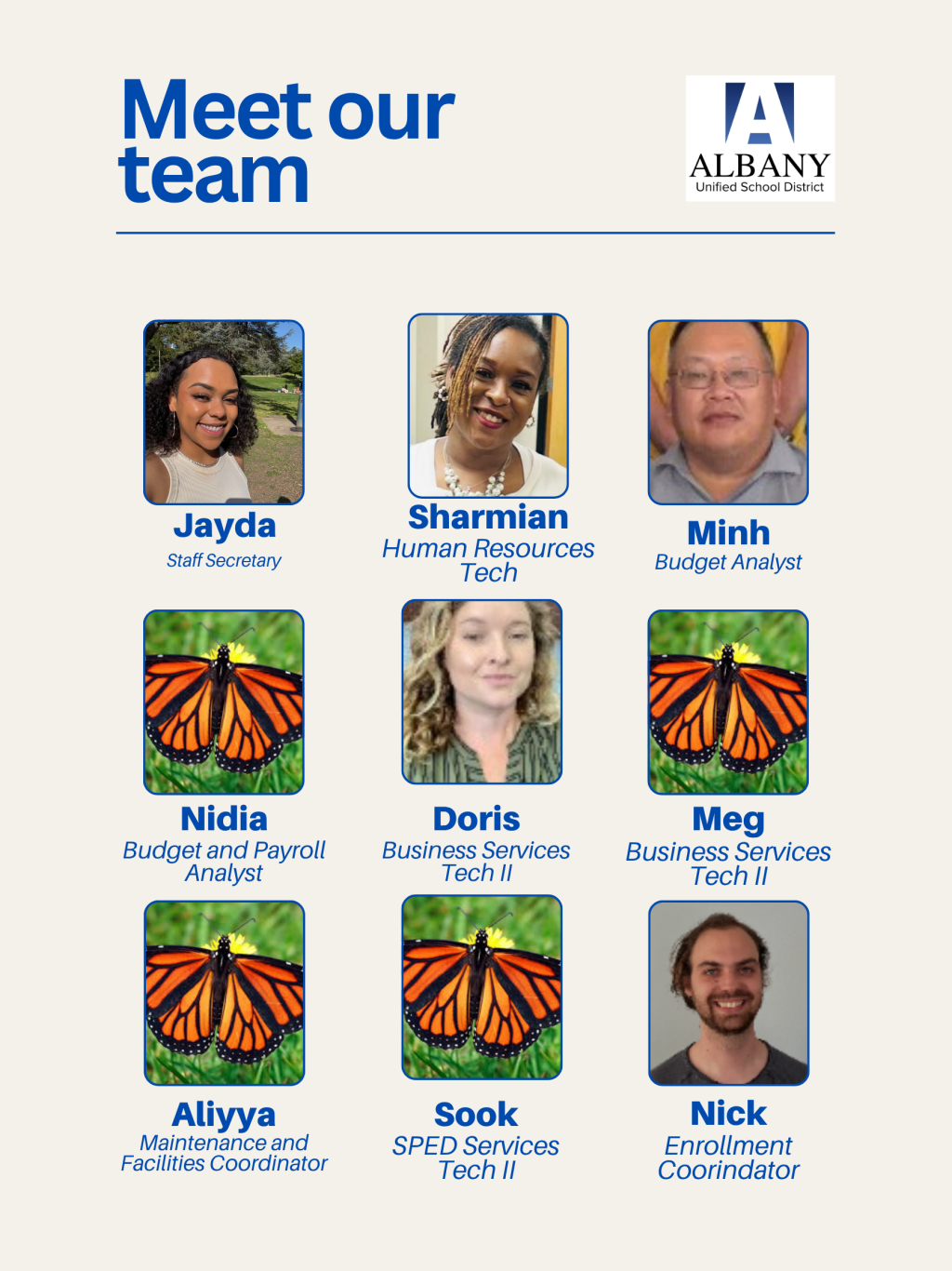 Meet our team: Jayda, Sharmian, Minh, Nidia, Doris, Meg, Aliyya, Sook, and Nick.