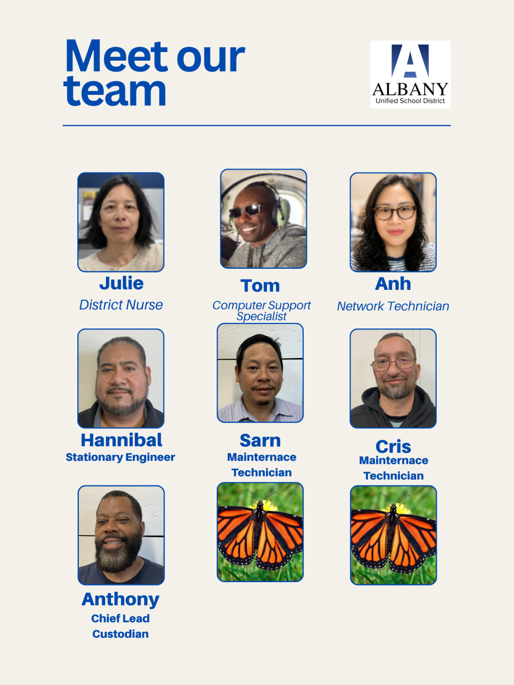 Meet our team: portraits of nine Albany employees with their names and titles.