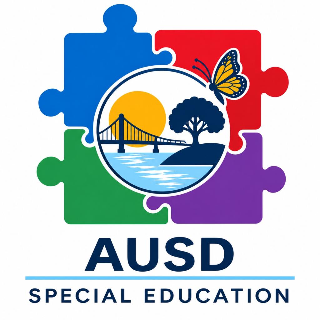 A logo for AUSD Special Education featuring four colorful puzzle pieces, a bridge, a tree, a sun, and a butterfly.