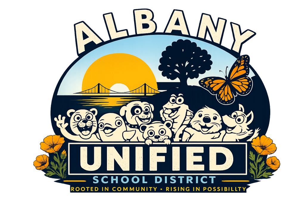 Logo for Albany Unified School District featuring cheerful cartoon animal characters beneath a sunset landscape.