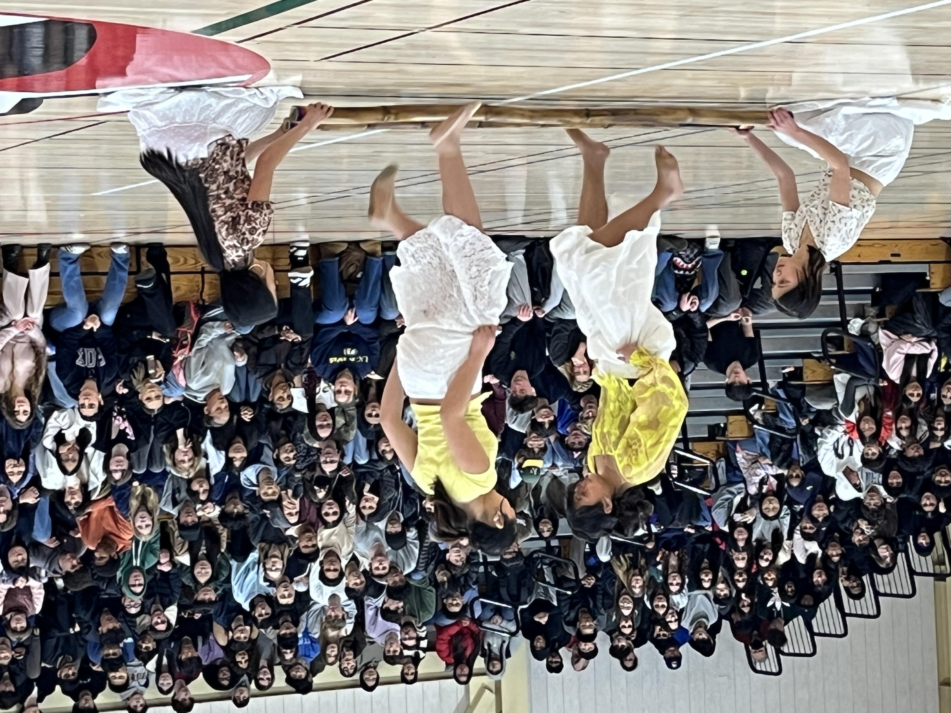 Students in a gymnasium watch a performance by individuals in colorful dresses.