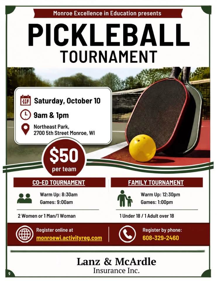 A promotional flyer for a pickleball tournament, featuring details on dates, times, location, and registration costs.