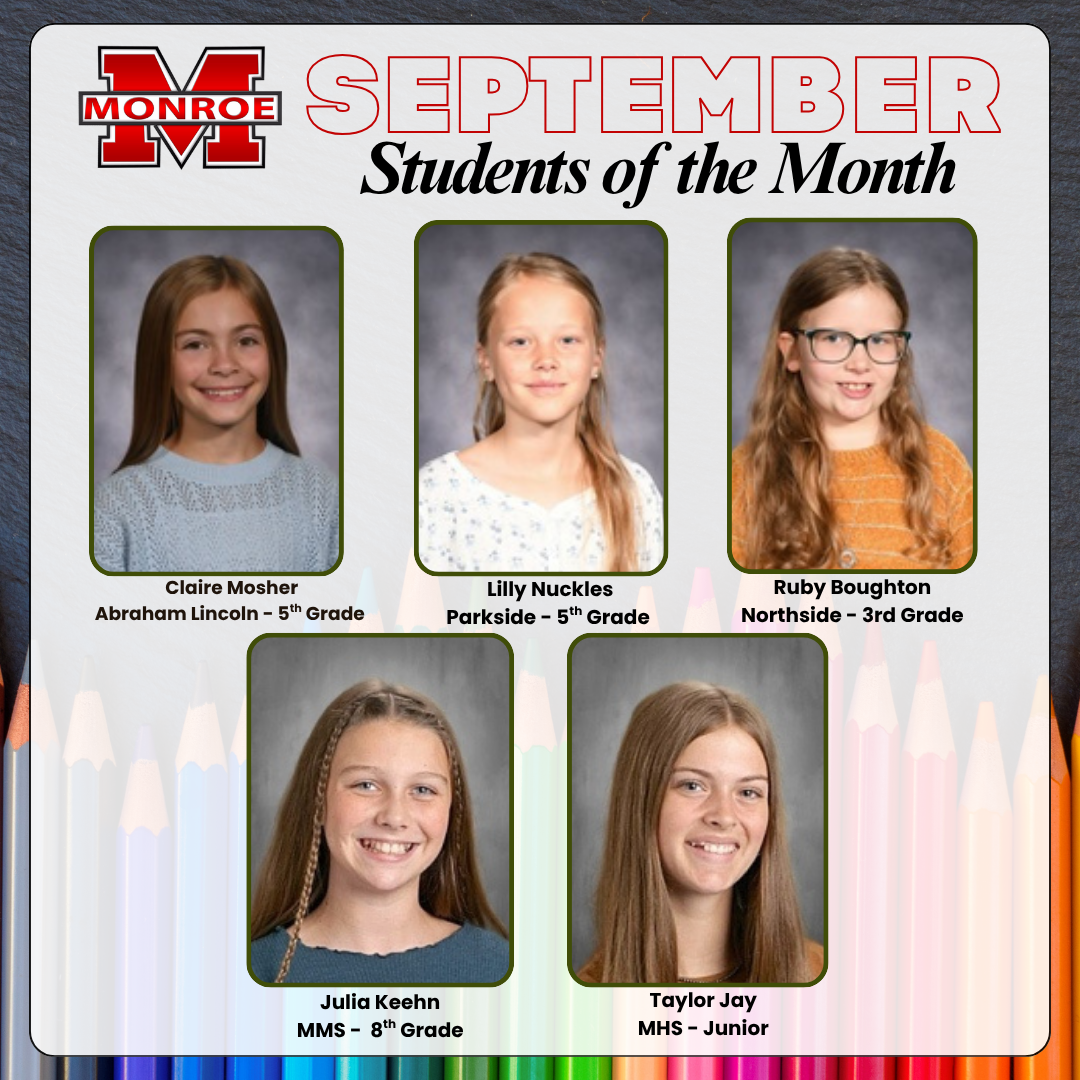 A graphic celebrating September Students of the Month, featuring five student portraits with their names and grades.