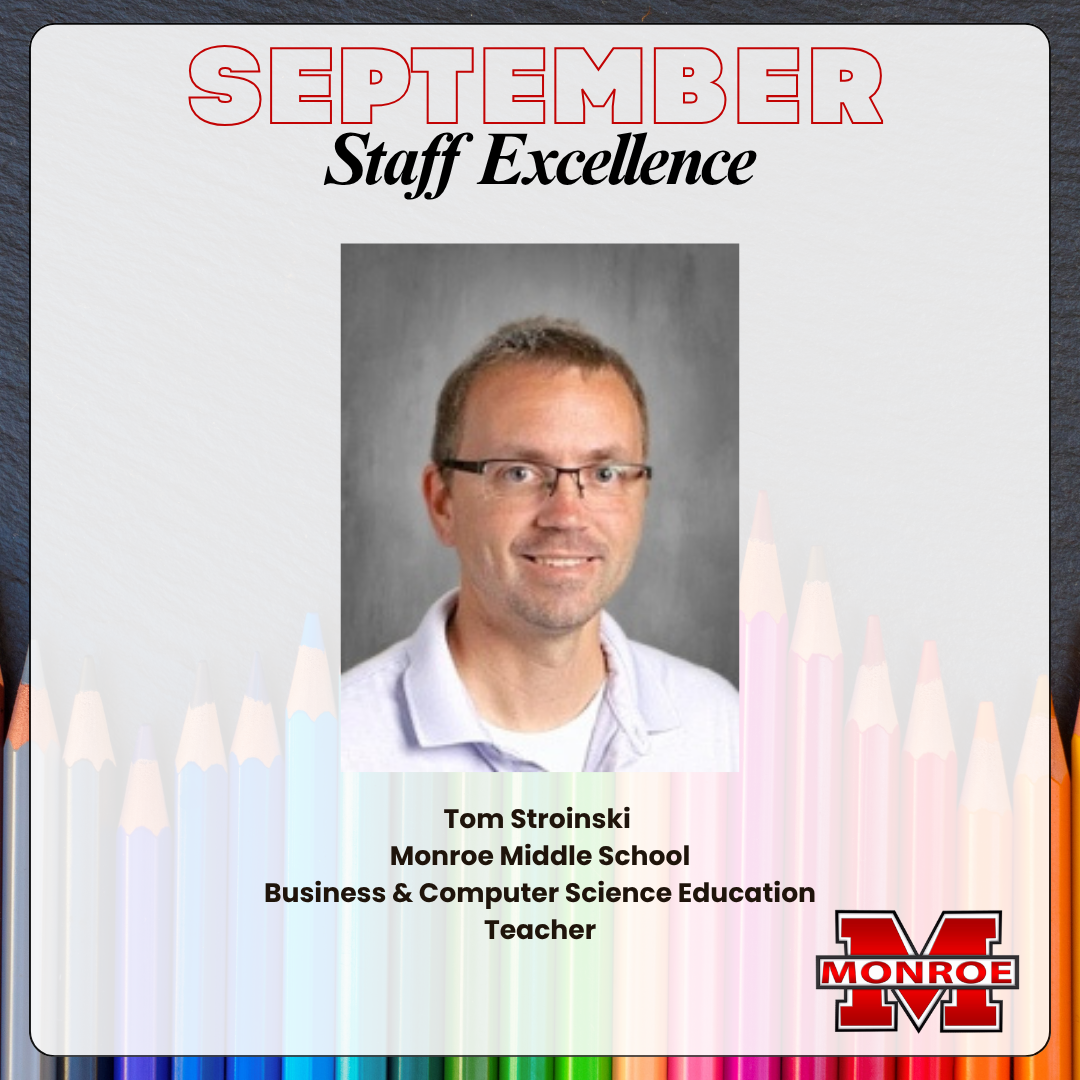 A digital flyer recognizing Tara Ginzinski as the September Staff Excellence award winner for Monroe Middle School.