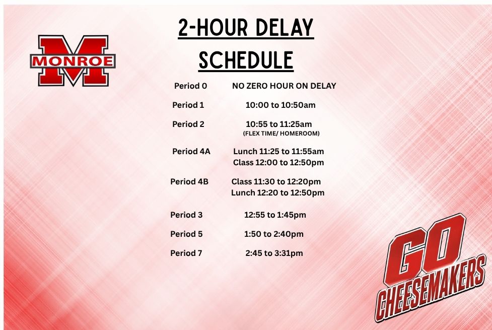 A '2-HOUR DELAY SCHEDULE' is displayed with class periods and times.