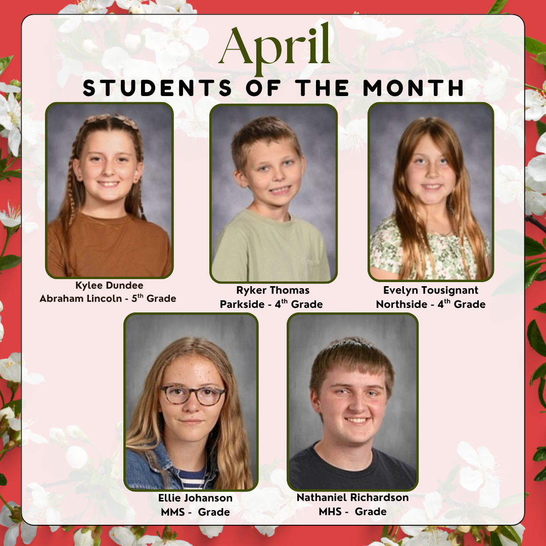 April Students of the Month displayed with photos and names.