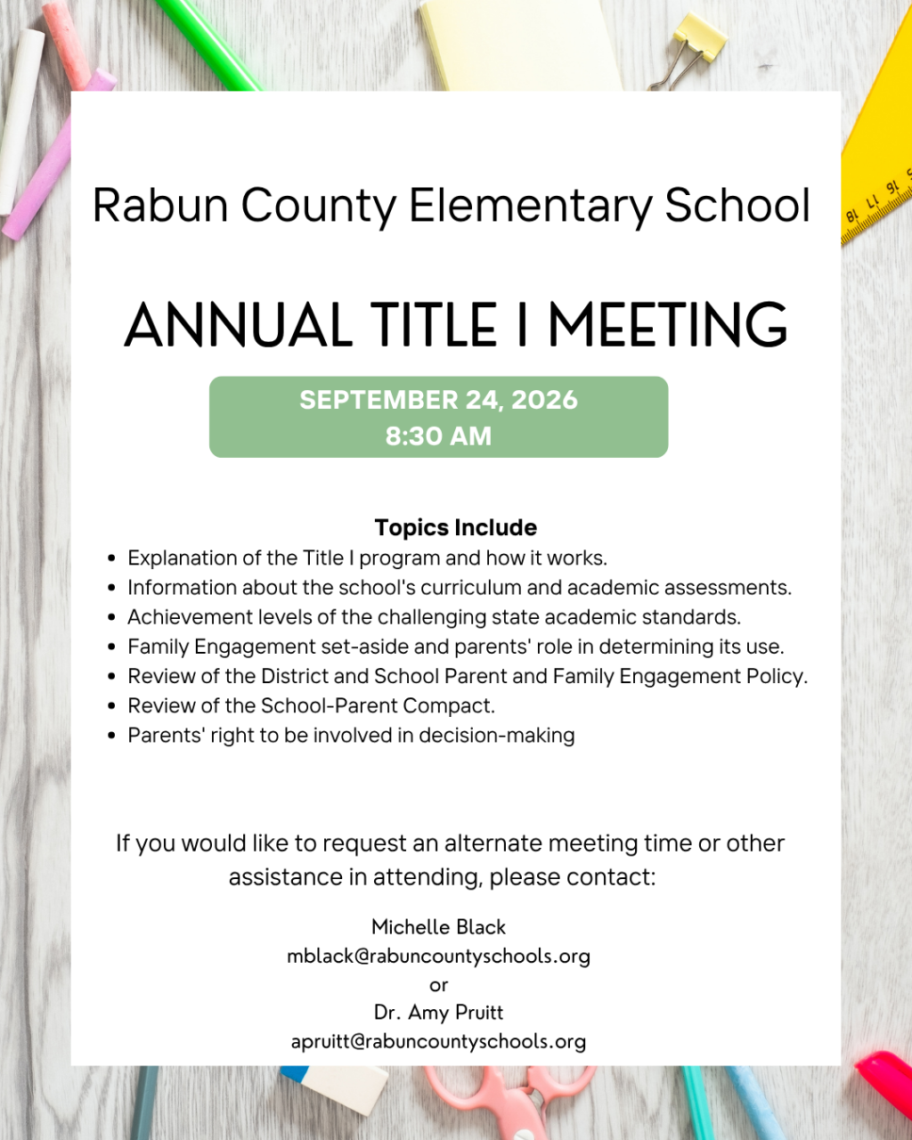 A flyer for Rabun County Elementary School Annual Title I Meeting on September 24, 2026, at 8:30 AM.