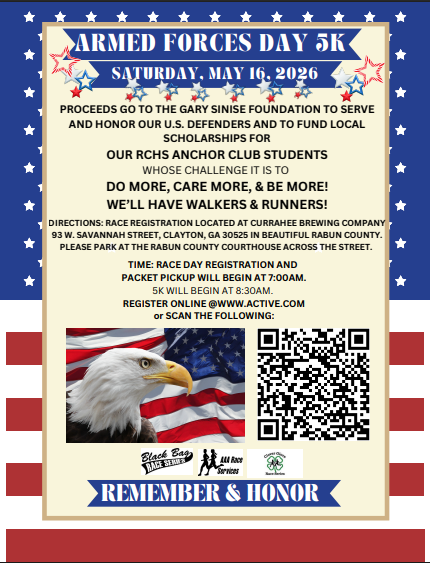 A promotional poster for an Armed Forces Day 5K race, featuring patriotic colors and imagery.