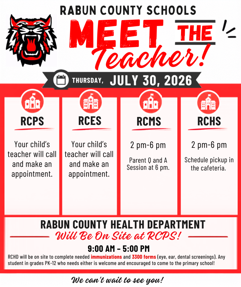Poster for Rabun County Schools 'Meet the Teacher!' event on Thursday, July 30, 2026.