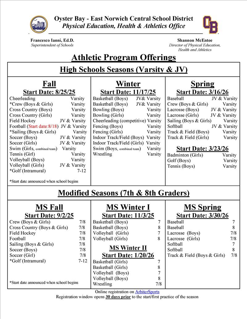 A school athletic program schedule lists sports seasons, start dates, and levels (Varsity, JV, 7th/8th grade).