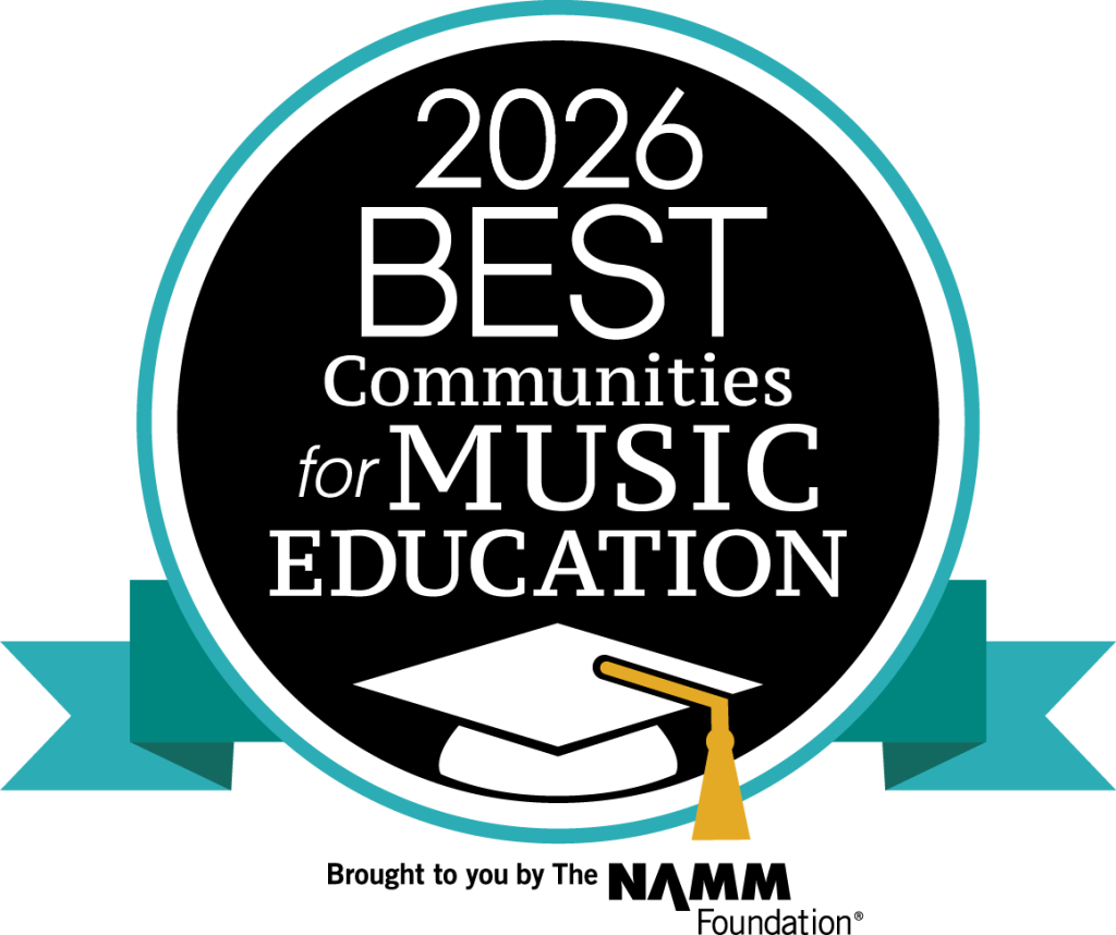 A circular badge reads '2026 Best Communities for Music Education'.