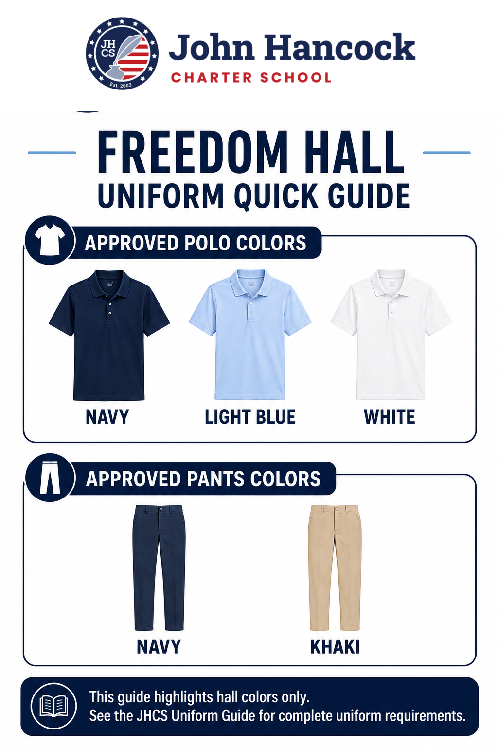  navy blue, light blue and white polo shirts, navy blue and khaki pants