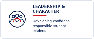 Icon representing teamwork and the text 'LEADERSHIP & CHARACTER' with a subtitle.