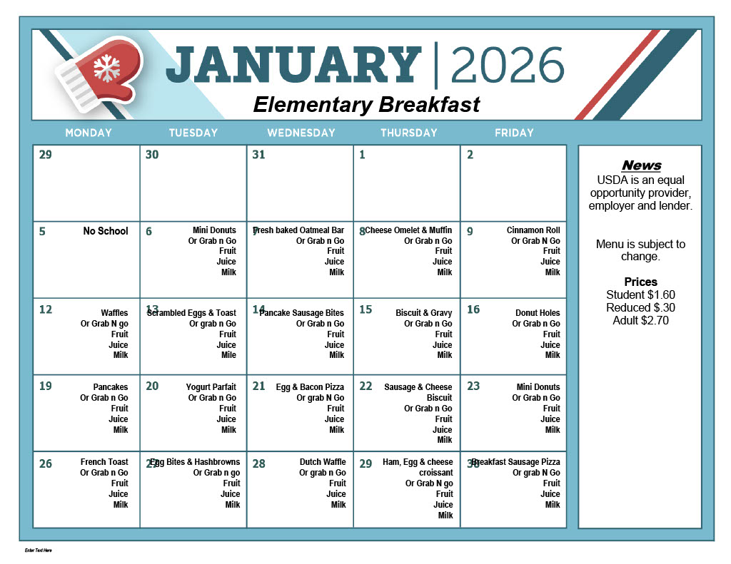 A January 2026 calendar displays the elementary school breakfast menu.
