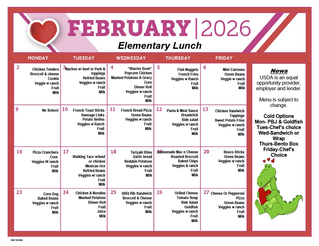 A February 2026 elementary lunch calendar with a Valentine's Day theme.