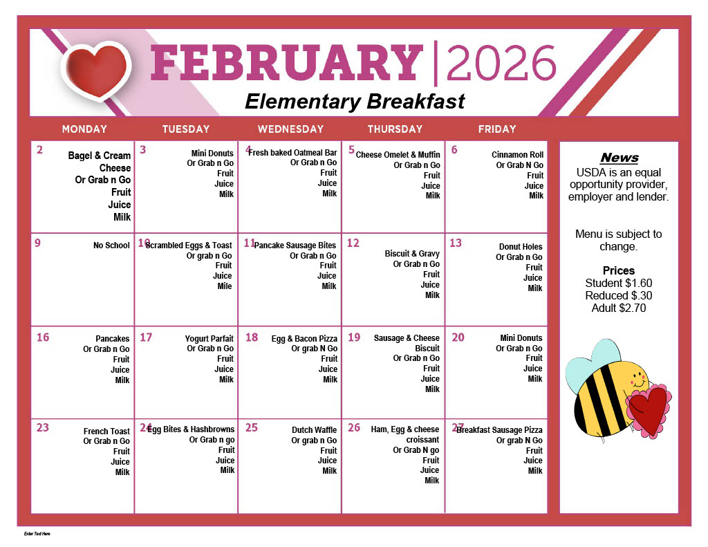 A February 2026 calendar for elementary breakfast, with a heart design.