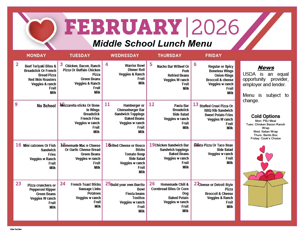 A February 2026 middle school lunch menu is displayed with a Valentine's Day theme.