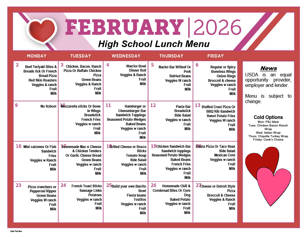 A February 2026 high school lunch menu with a Valentine's Day theme.
