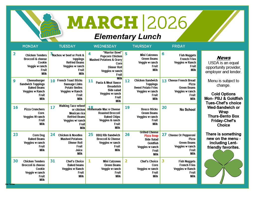 A March 2026 elementary school lunch menu is displayed.