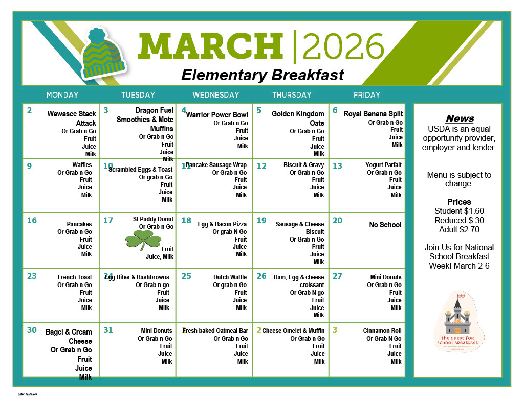 A school breakfast menu for March 2026, with daily meal options listed.