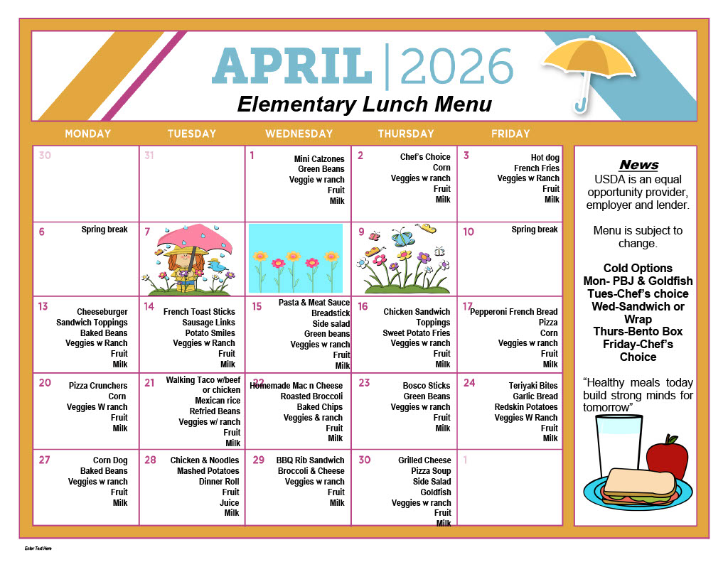 April 2026 Elementary Lunch Menu displayed with colorful illustrations.