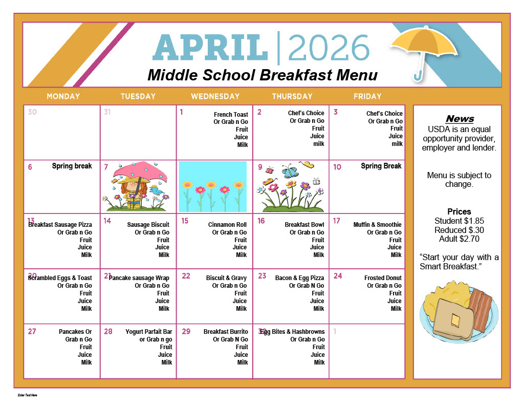 April 2026 Middle School Breakfast Menu displayed on a calendar.