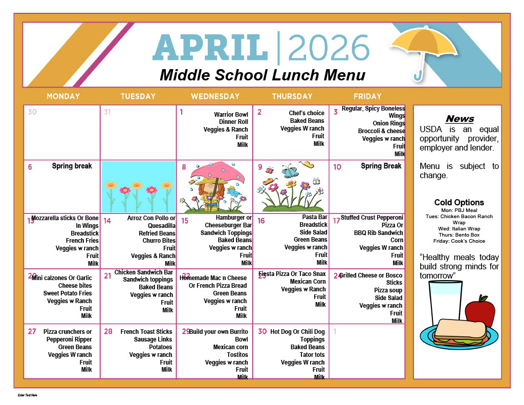 April 2026 Middle School Lunch Menu displayed with colorful illustrations.