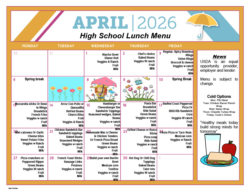 A colorful April 2026 high school lunch menu calendar.