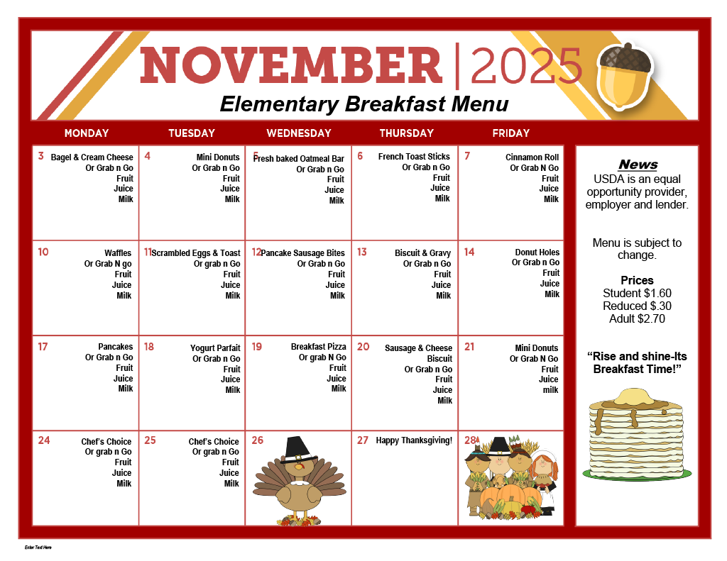 Elementary Breakfast Menu