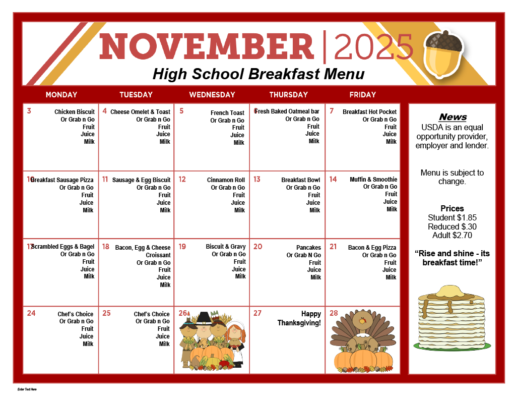 A November 2025 high school breakfast menu is displayed with daily meal options.