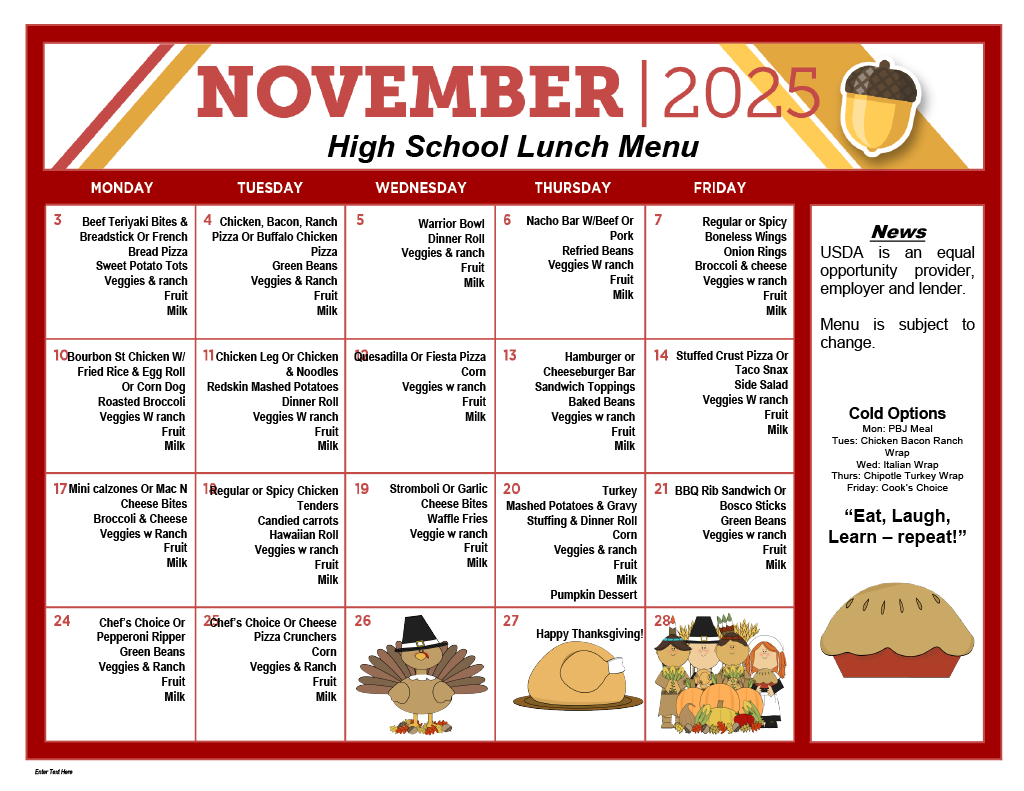 A November 2025 high school lunch menu is displayed with daily meal options.