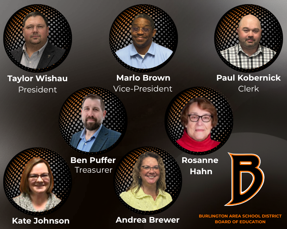 Portraits of seven individuals with their names and titles: Taylor Wishau (President), Marlo Brown (Vice-President), Paul Kobernick (Clerk), Ben Puffer (Treasurer), Rosanne Hahn, Kate Johnson, and Andrea Brewer.