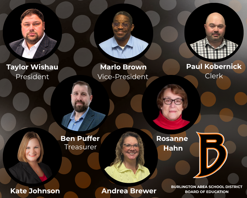 A graphic displays the six members of the Burlington Area School District Board of Education with their names and titles.