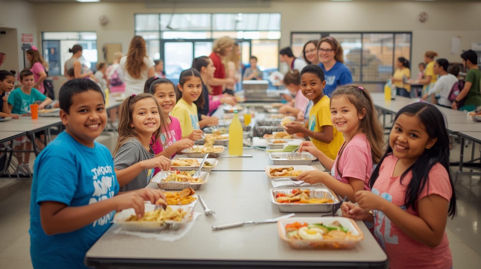 Children smile while eating lunch at long tables in a school cafeteria.