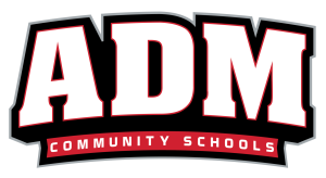 The ADM Community Schools logo features bold white letters on a black background.