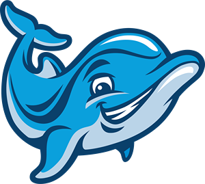 A cartoon dolphin with a friendly smile, rendered in shades of blue.