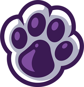 A stylized paw print with purple pads and a white outline.