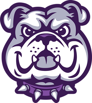 A stylized bulldog head in shades of purple and gray.