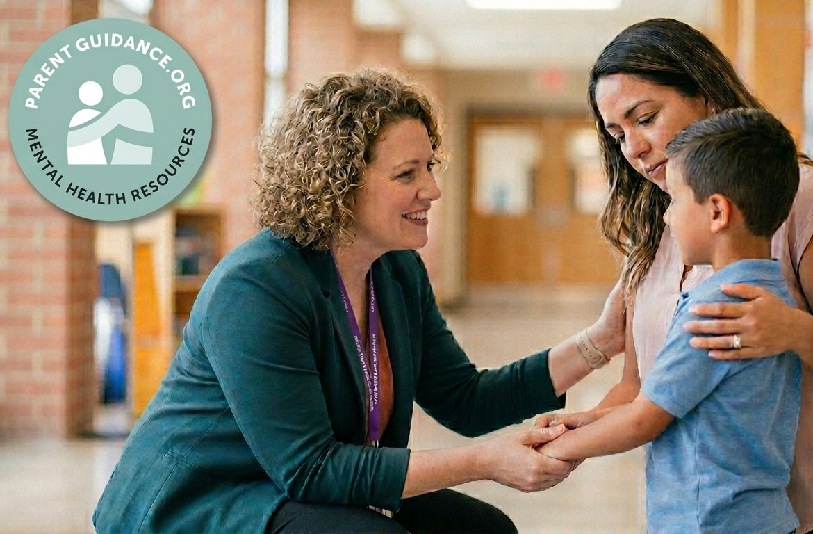 A woman in a teal blazer kneels to speak with a child and an adult, holding the child's hands.