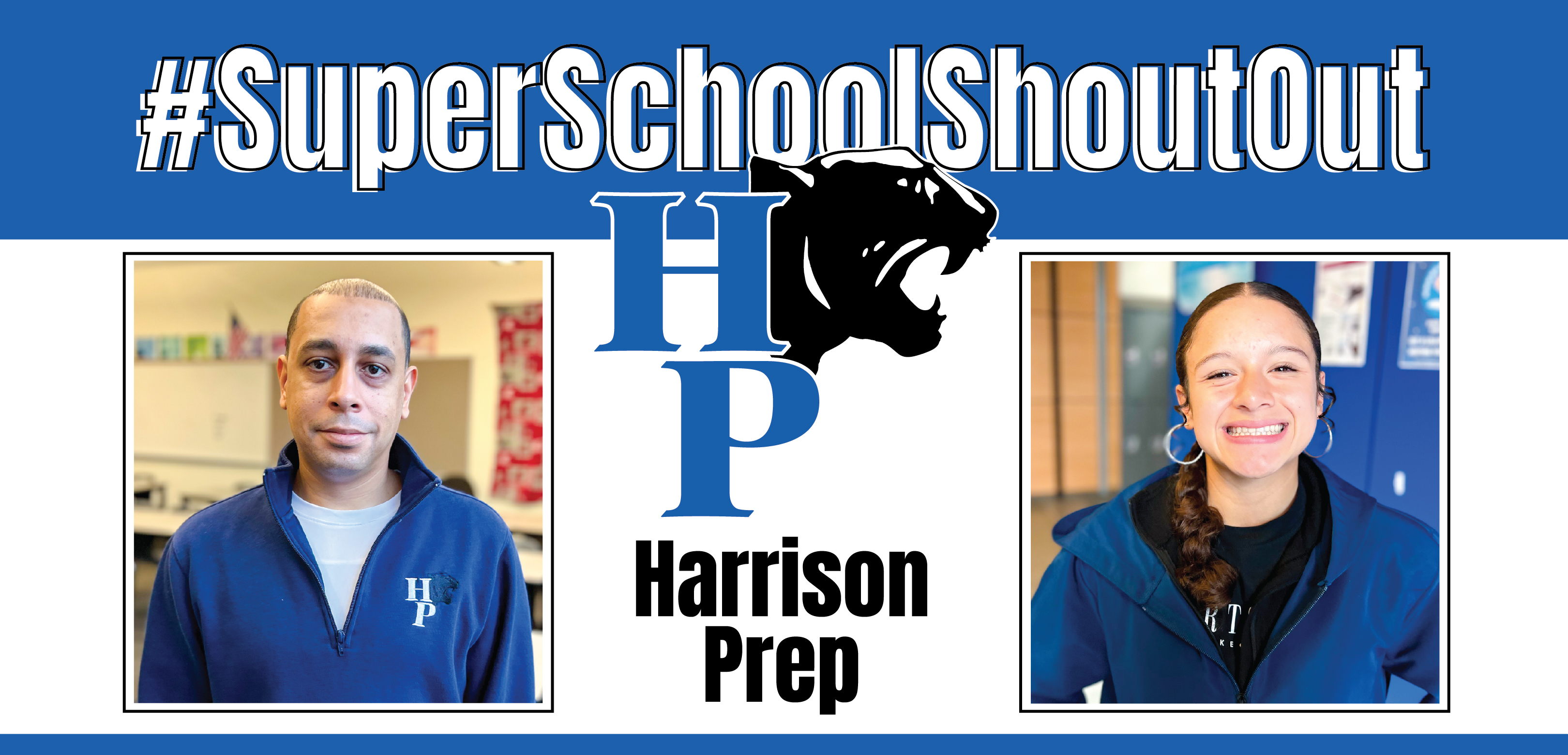 Image promoting Harrison Prep with two people and school logo.