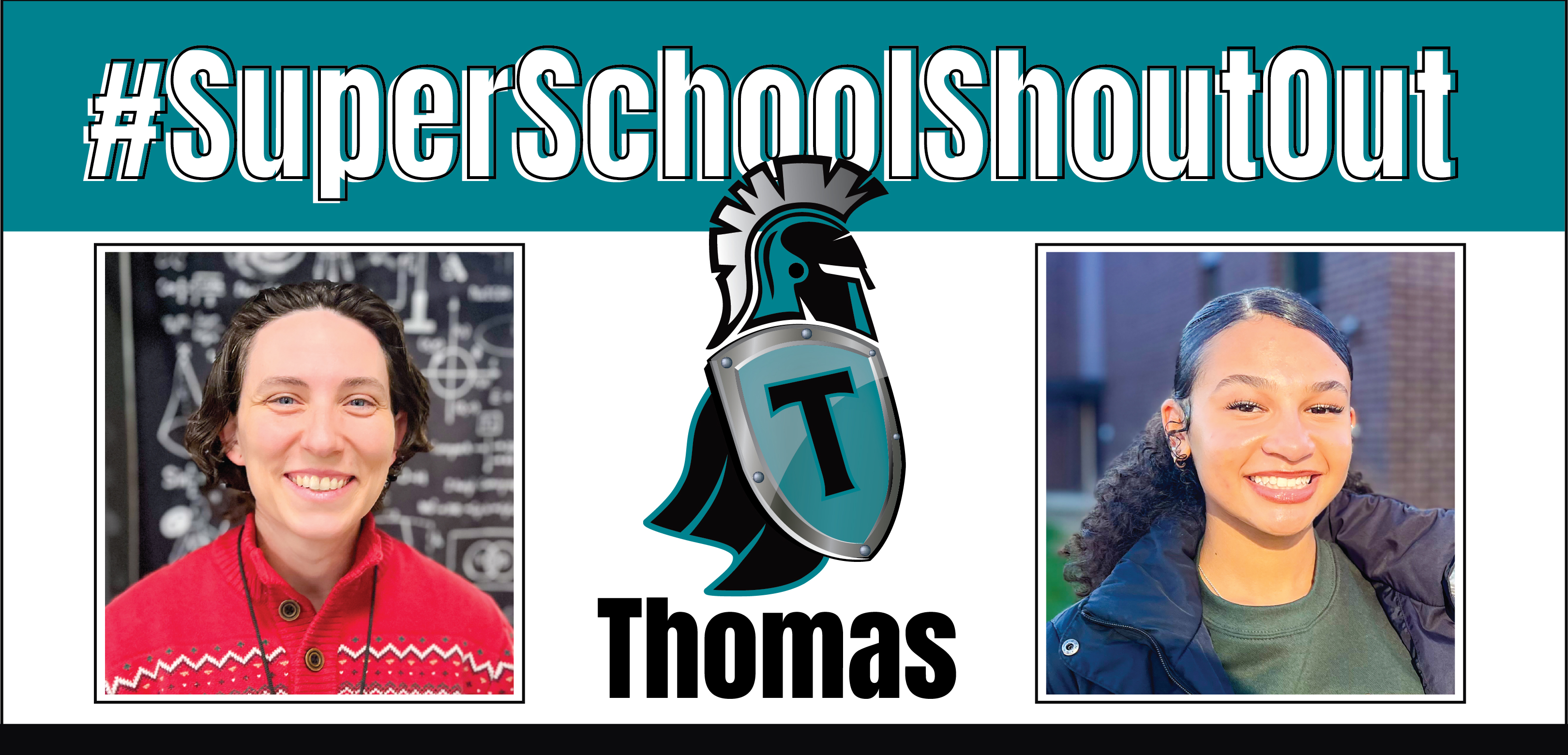 Image promoting #SuperSchoolShoutOut, featuring two smiling people and a school logo.