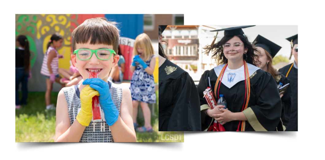 yellow monotone photo of a little boy with glasses and a blue monotone photo of a girl in graduation robes