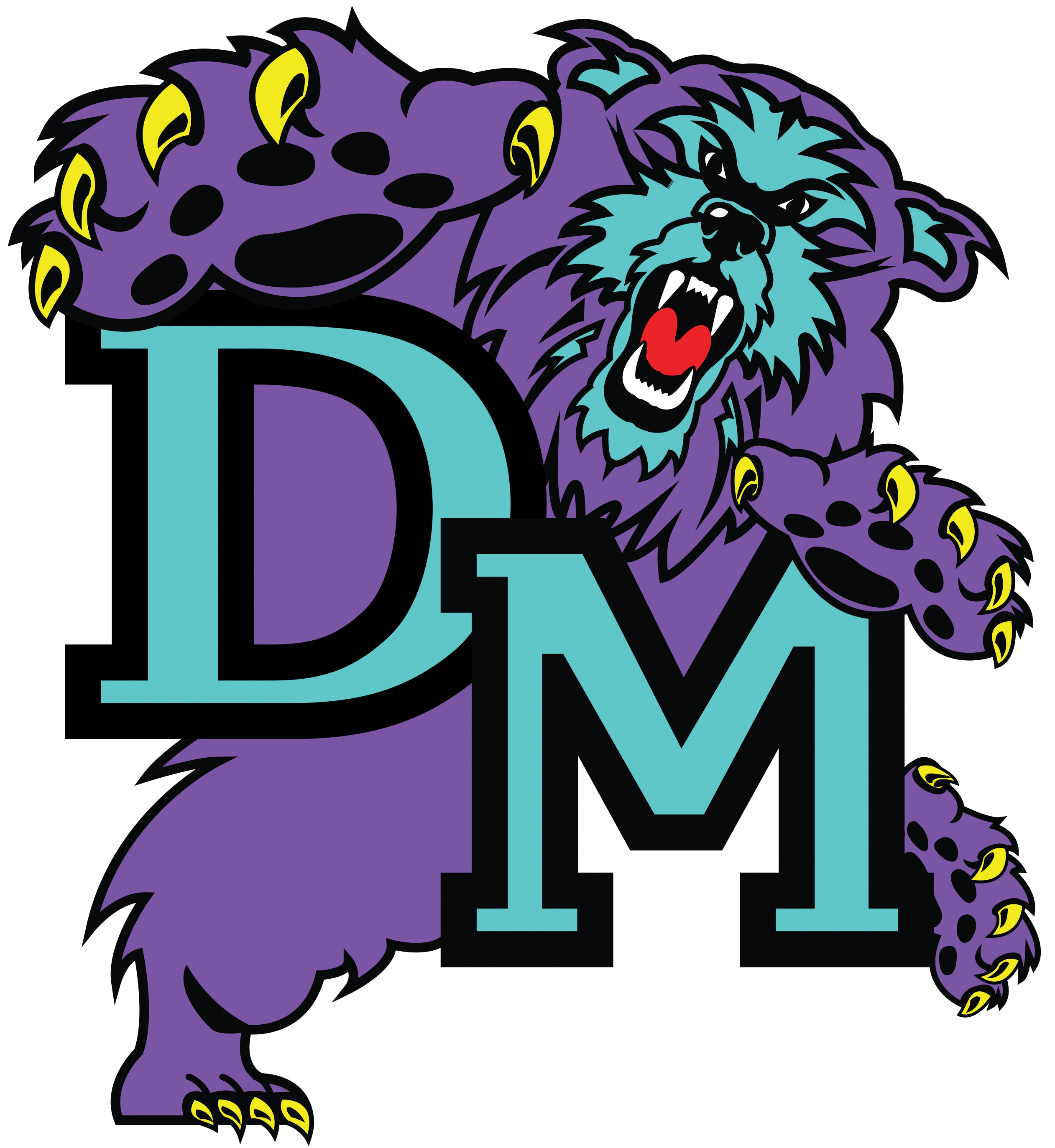 Deming & Miller Elementary logo, a purple bear mascot with teal accents and the letters 'DM' on its chest.