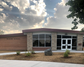 Exterior view of the main entrance to be used during the school day at Dildine Elementary School