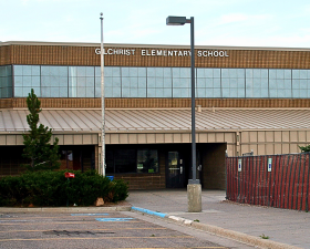 Exterior view of the main entrance to be used during the school day for Gilchrist Elementary School