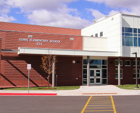 Exterior view of the main entrance to be used during the school day for Goins Elementary School
